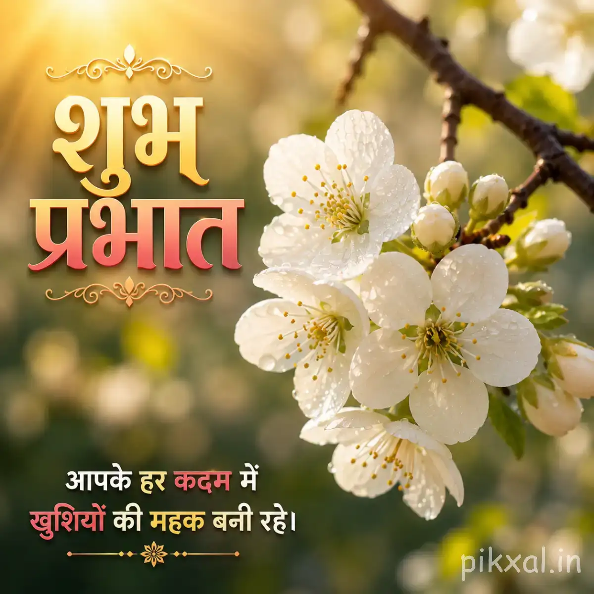 Cluster of white blossoms with yellow centers and green leaves against a softly blurred garden