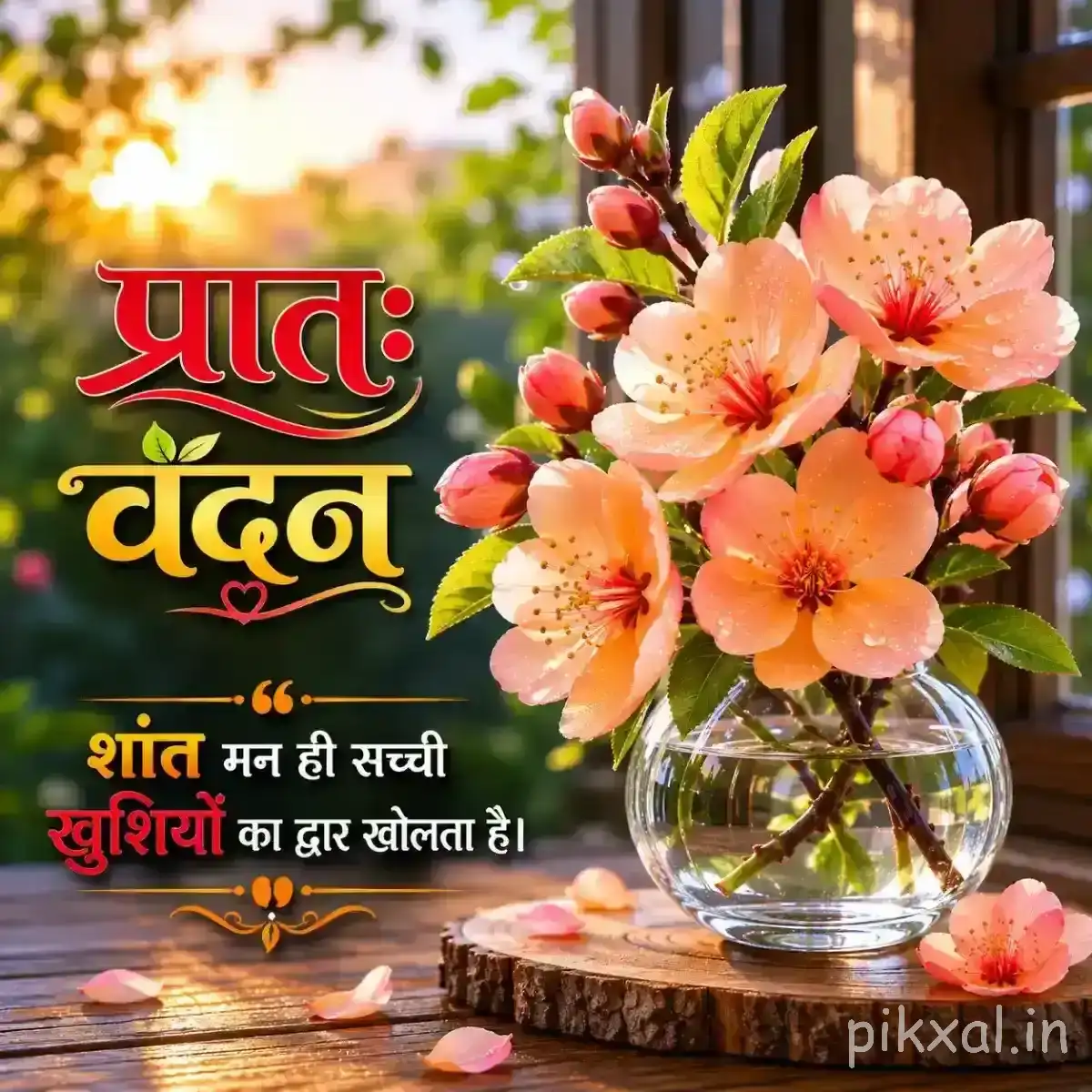 Peach and pink flowers arranged in a clear glass vase on a wooden table