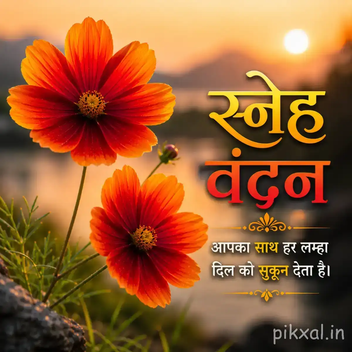 Two orange flowers with rounded petals and dark centers among green foliage against a warm sunrise background