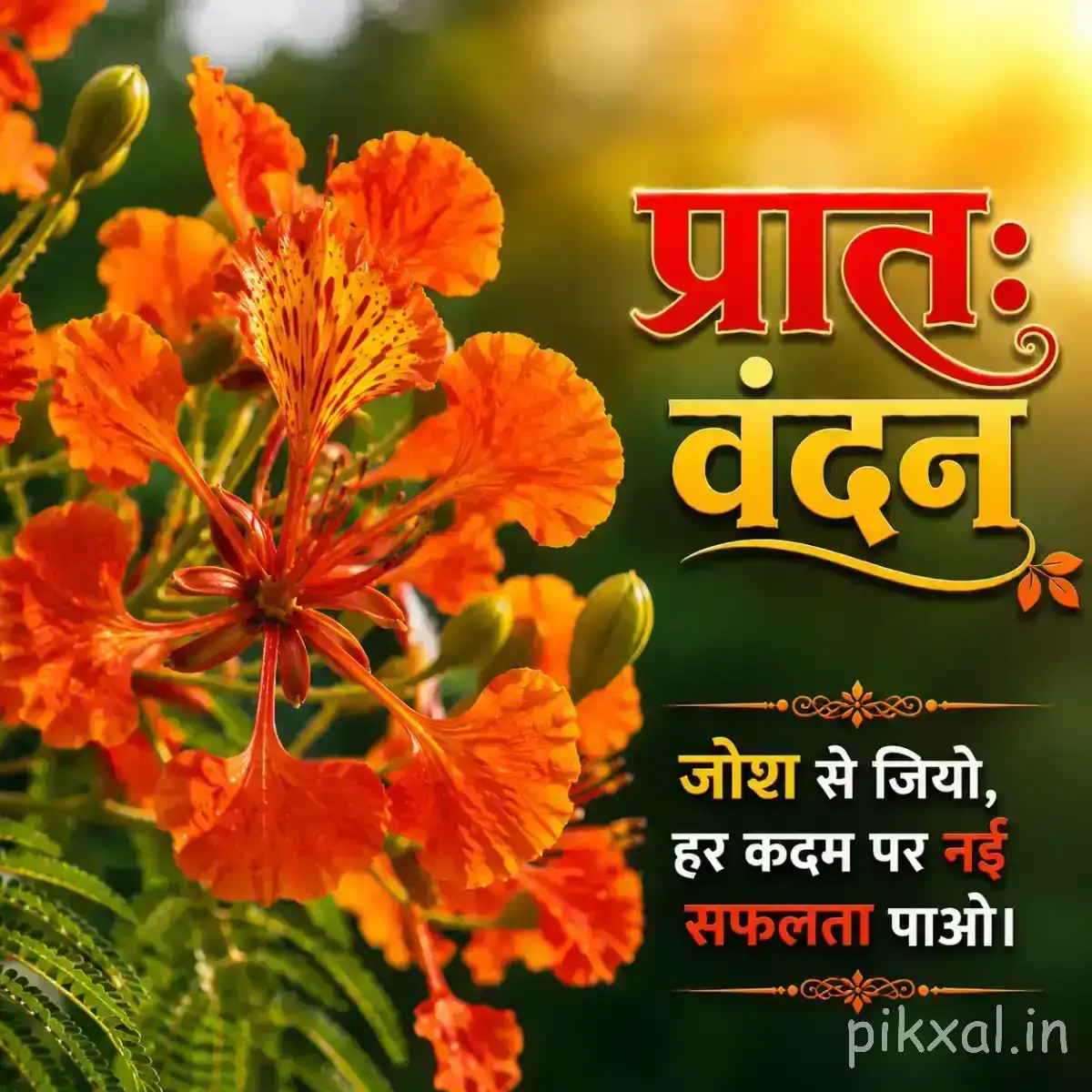 Cluster of bright orange flowers with green foliage and a Hindi morning wish