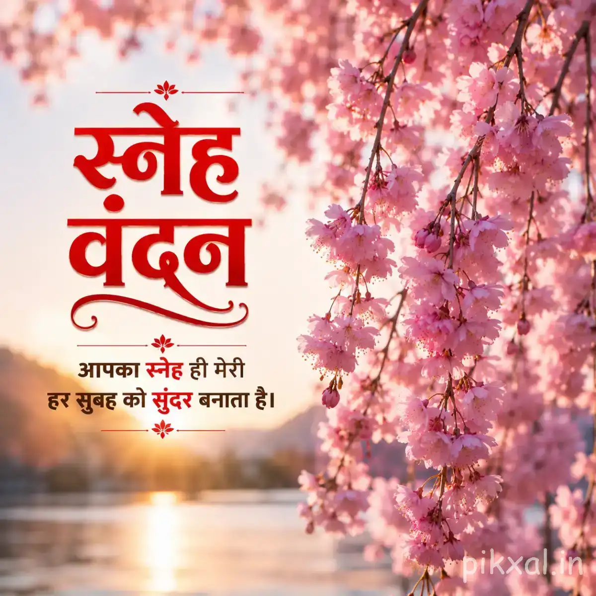 Pink flowering branches beside calm water with a warm sunset and Hindi morning greeting