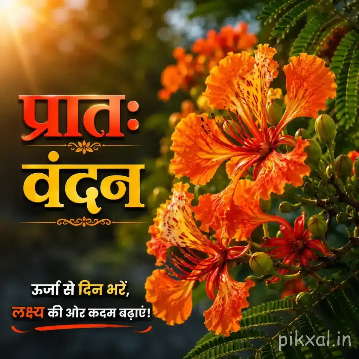 Bright orange flowers in a dense cluster with green foliage and a Hindi morning wish