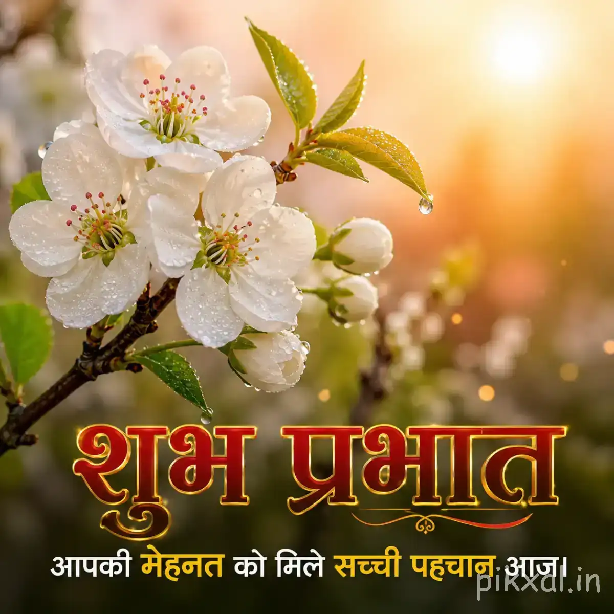 White blossoms with green leaves on a flowering branch in warm morning light