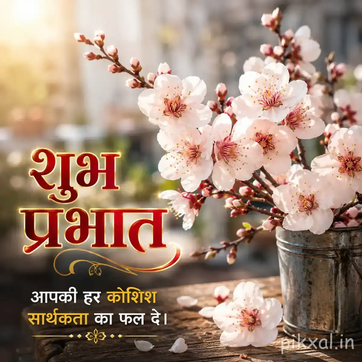 White and pale pink blossoms arranged in a small vase with a Hindi Good Morning wish