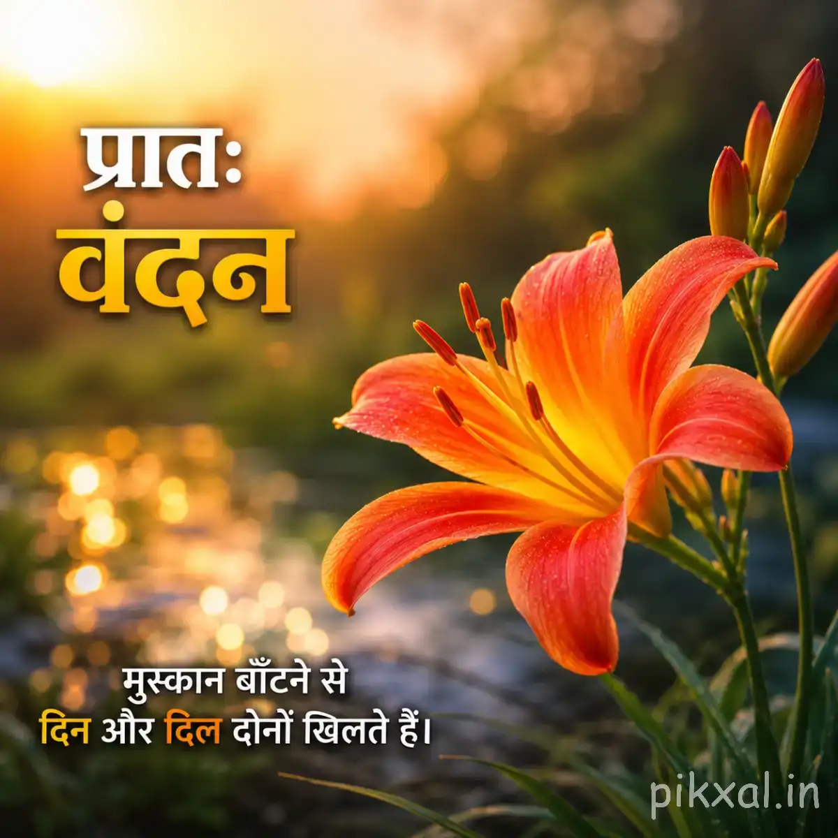 Bright orange flowers with elongated petals against a warm blurred background and Hindi morning greeting