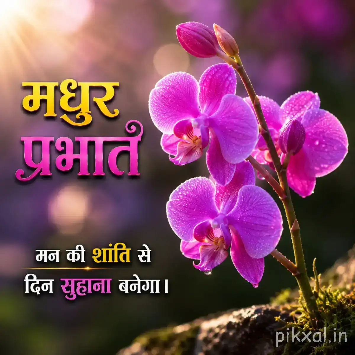Cluster of purple flowers with rounded petals and green stems beside a Hindi morning wish