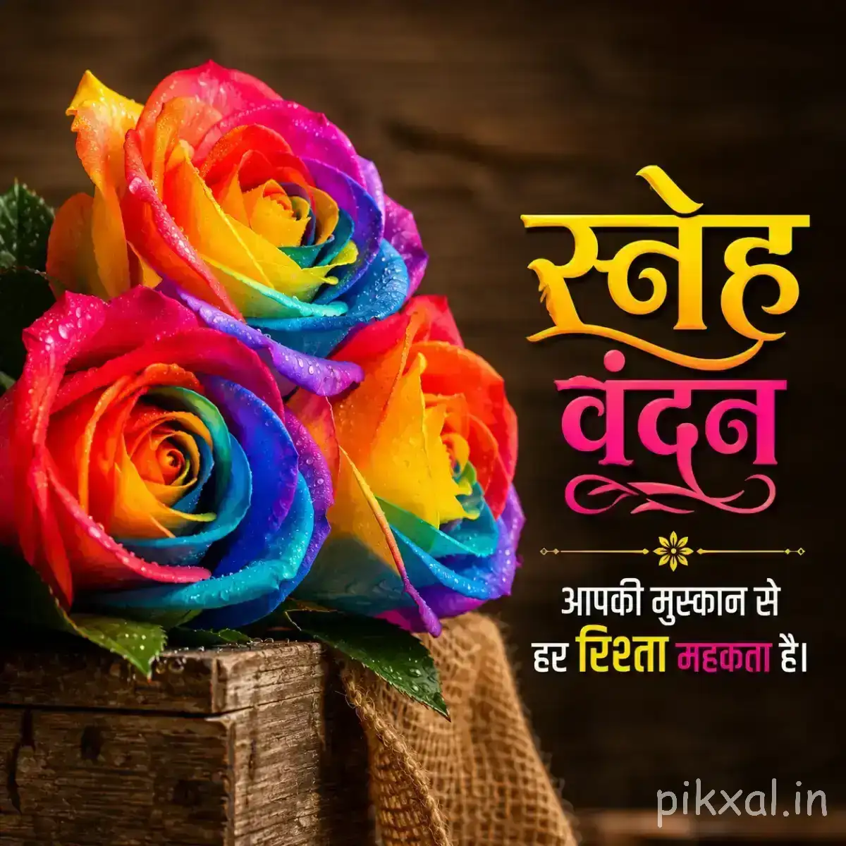 Cluster of multicolored layered flowers in vivid pink, blue, yellow, orange, and purple with a Hindi Good Morning wish