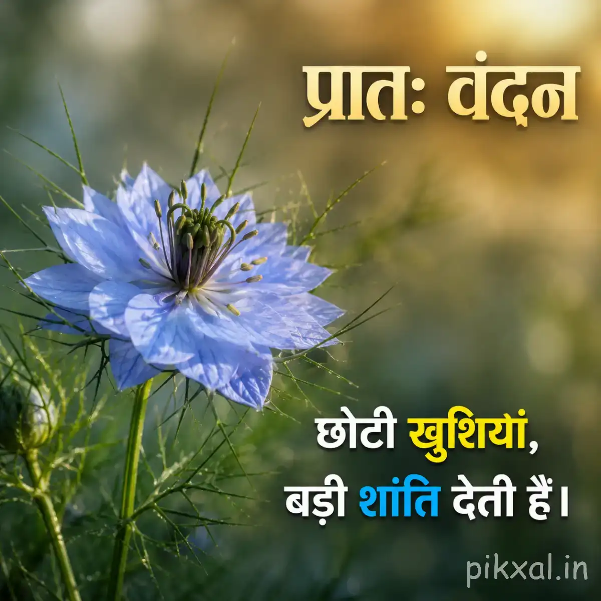 Single pale blue flower with thin petals and a dark center among green stems
