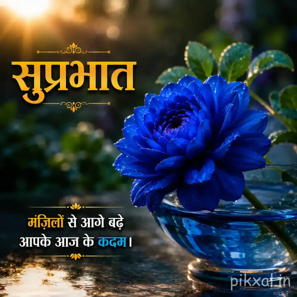 Deep blue layered flower with densely overlapping petals and green foliage