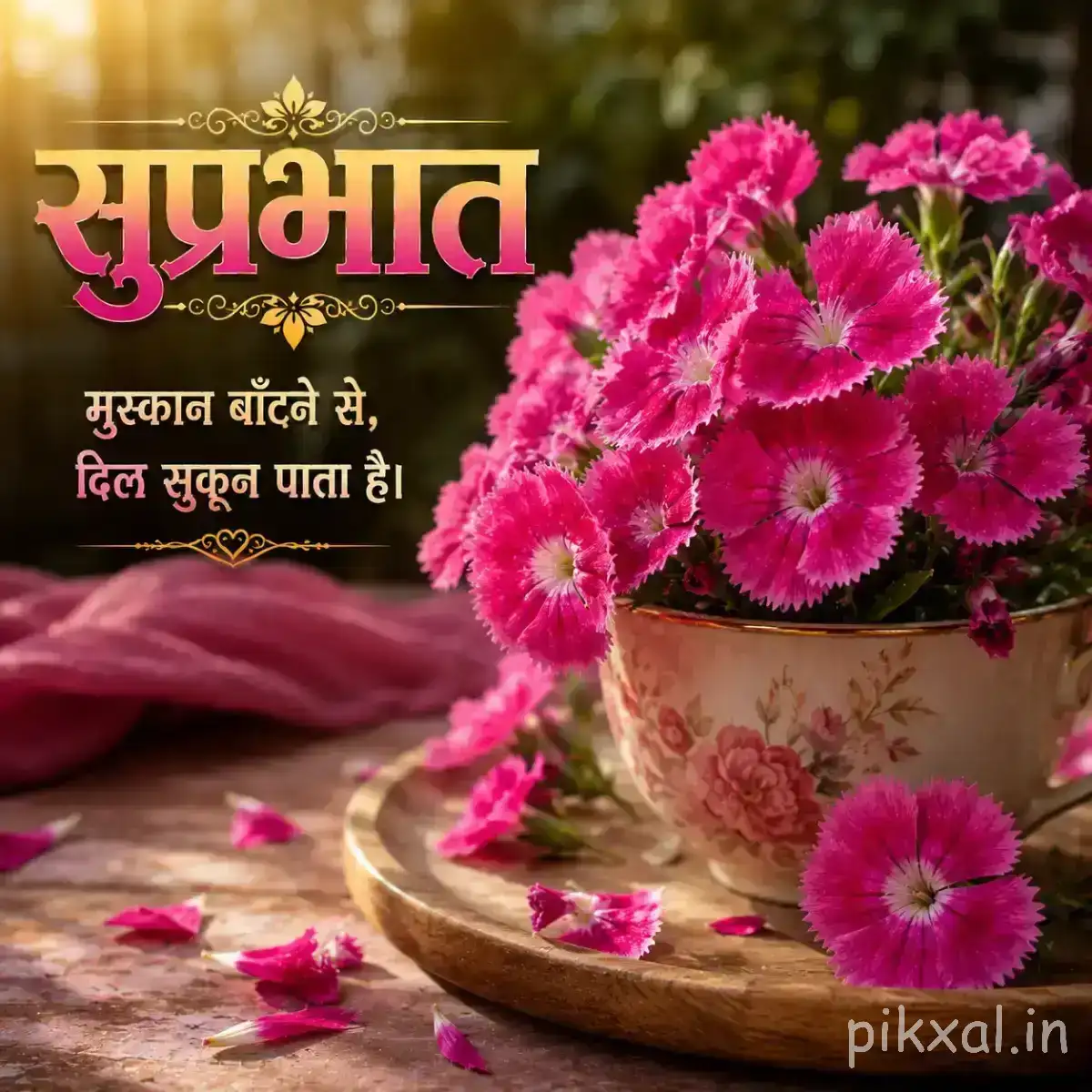 Cluster of small pink flowers in a decorative pot with scattered petals on a wooden surface