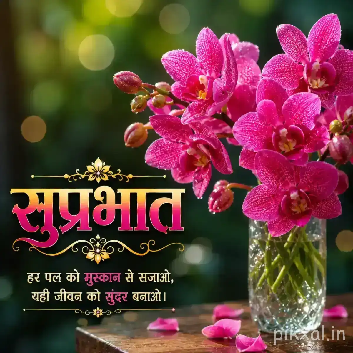 Cluster of bright pink flowers with unopened buds in a clear glass vase