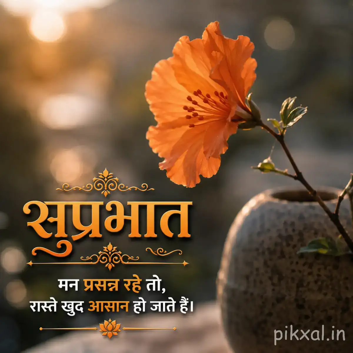 Single orange flower with ruffled petals on a slender branch beside a dark round vase