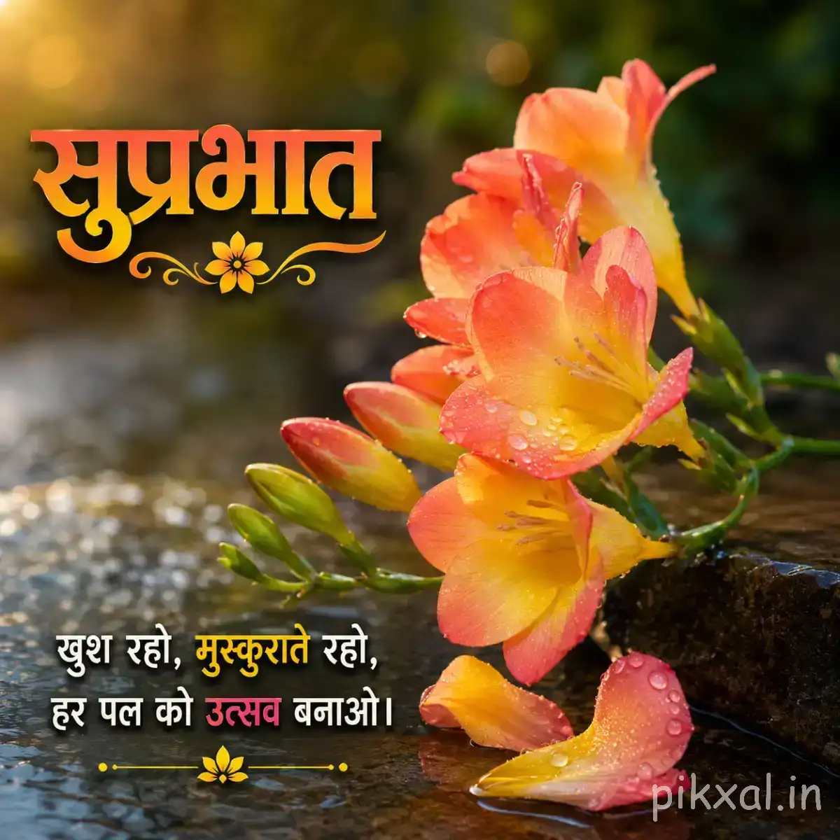 Cluster of yellow, orange, and pink flowers with green leaves and a HindiGood Morning Flower Wishes