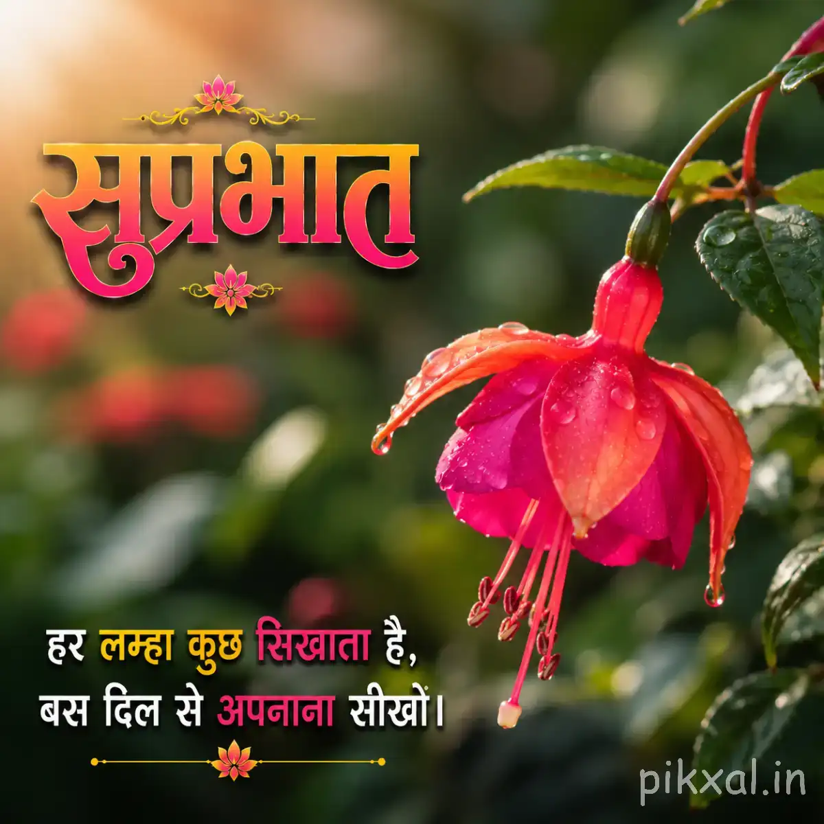Red hanging flower with long protruding stamens and green foliage against a blurred background