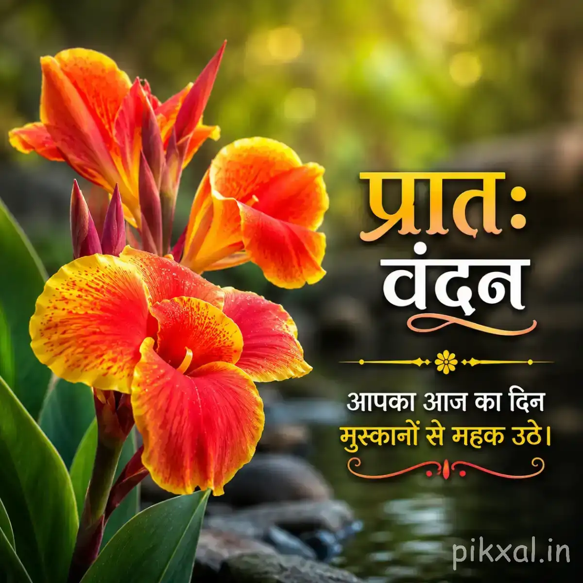 Several red-orange flowers with elongated pointed petals and green leaves arranged on upright stems with a Hindi morning wish