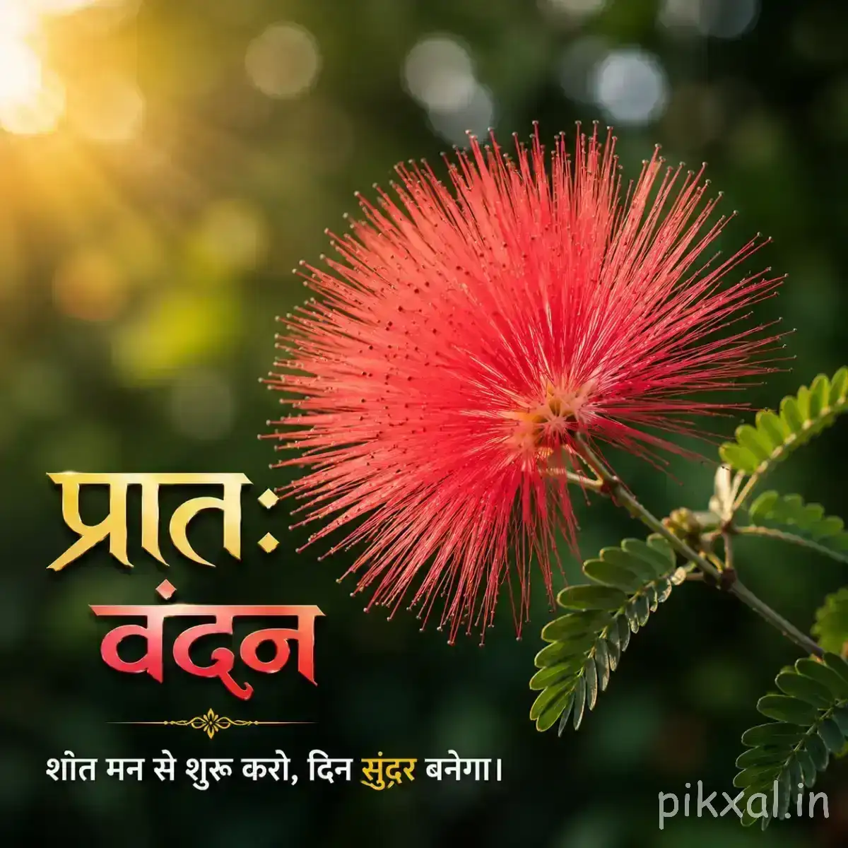 Red pom-pom flower with numerous fine stamens and green foliage