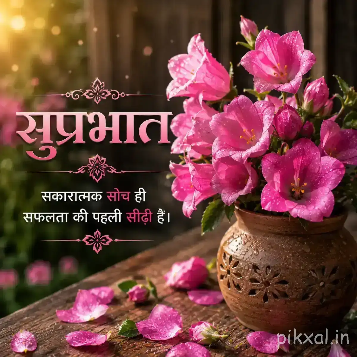 Cluster of pink flowers in a decorative pot with scattered petals on a wooden surface
