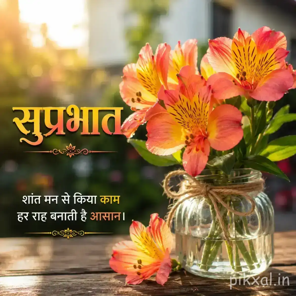 Orange and pink flowers arranged in a clear glass vase with green leaves