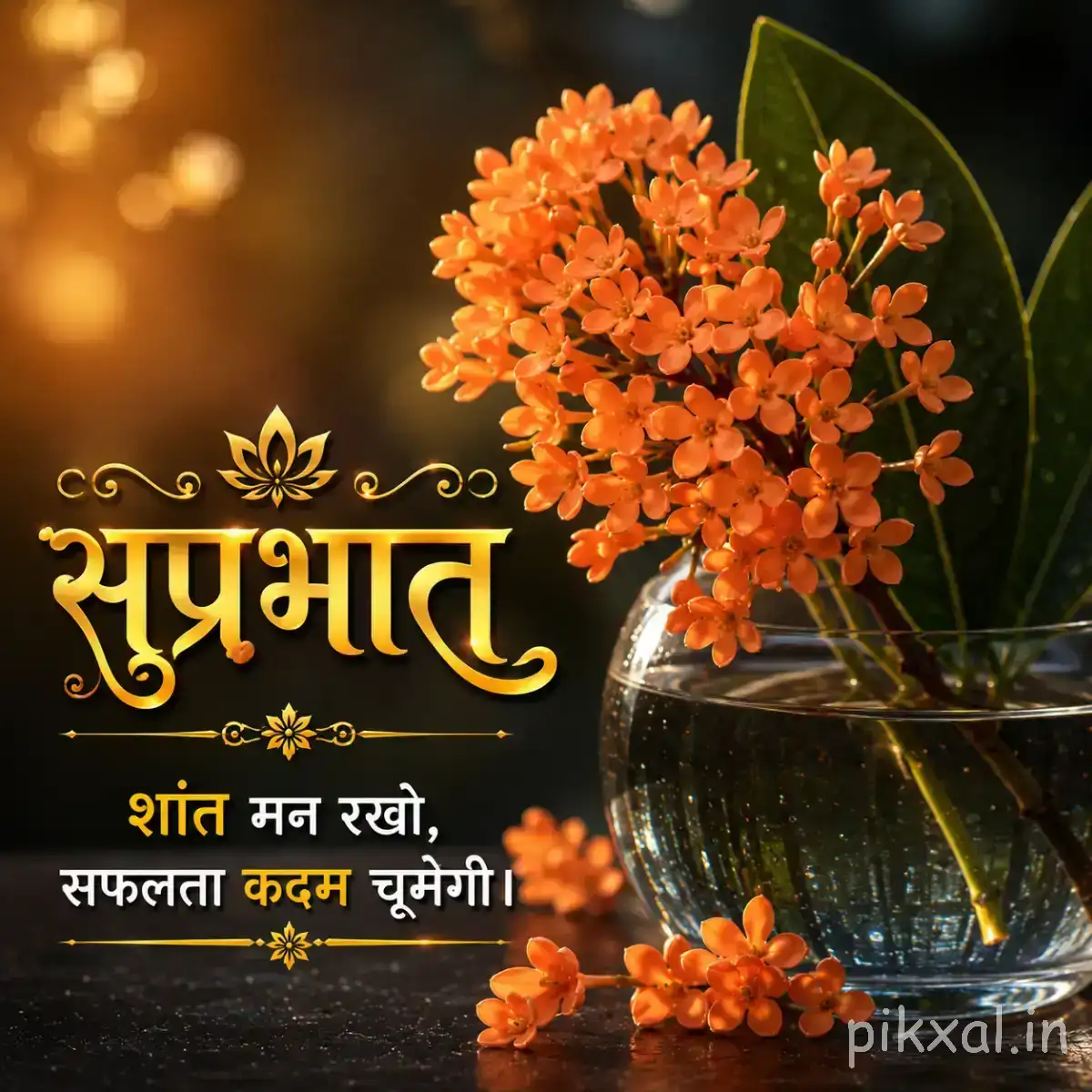 Dense cluster of small orange flowers with green leaves and a Hindi Good Morning greeting
