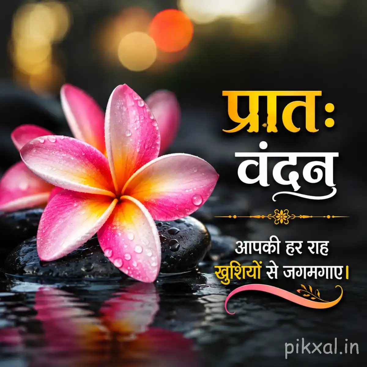 Pink and white five-petaled flower resting beside dark stones and water with a Hindi morning wish