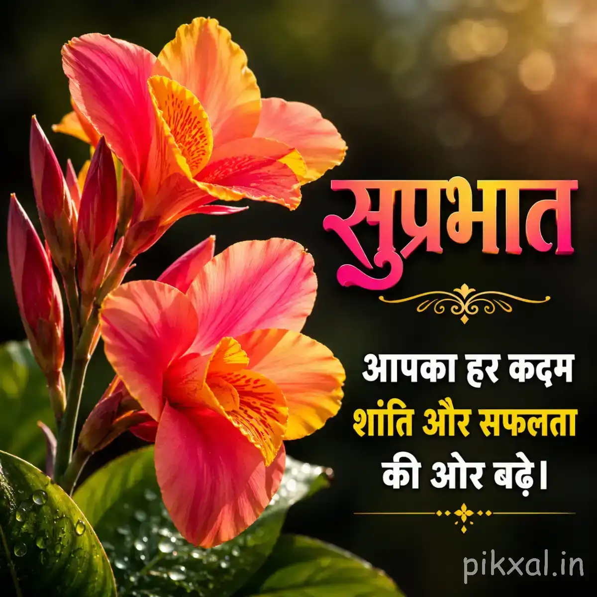 Two pink-orange flowers with layered petals on leafy stems against softly blurred greenery with a Hindi Good Morning greeting