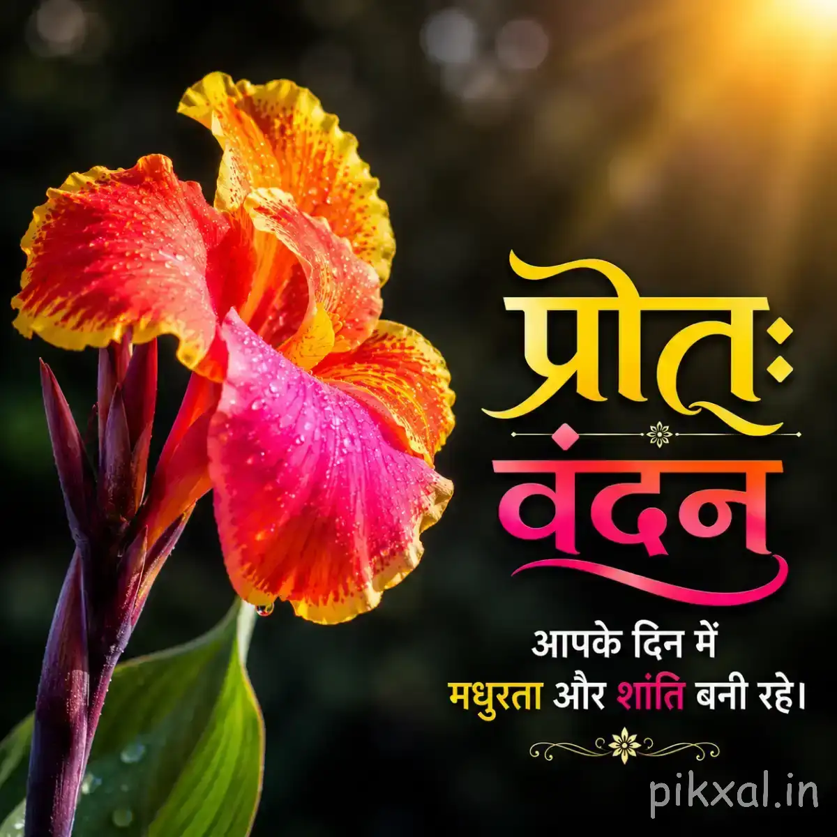 Pink-orange flower with yellow center and layered petals on upright stems with a Hindi morning wish