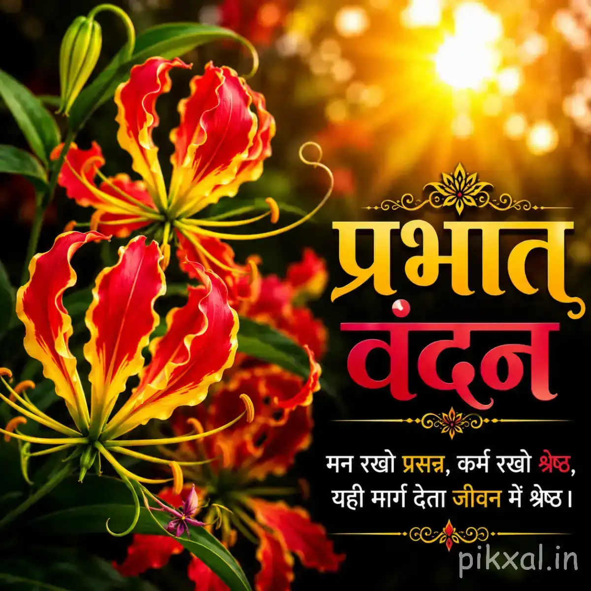 Cluster of red, yellow, and green patterned flowers on branching stems against bright sunlight with a Hindi morning wish