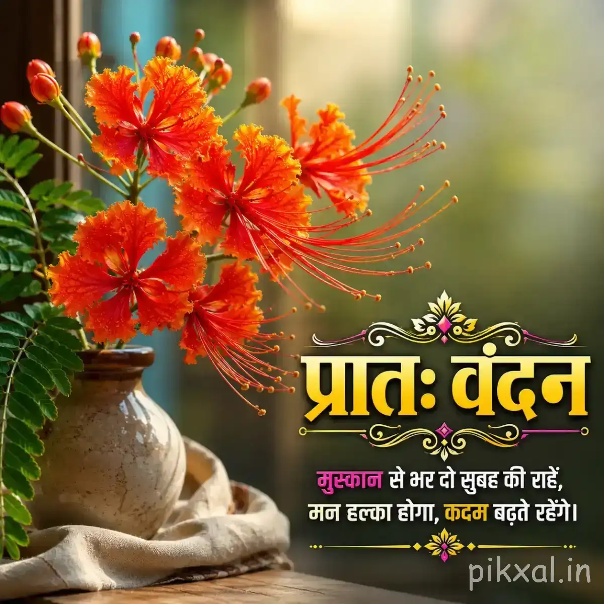 Branching stems with several orange-red flowers and long protruding stamens arranged in a decorative vase with a Hindi morning wish