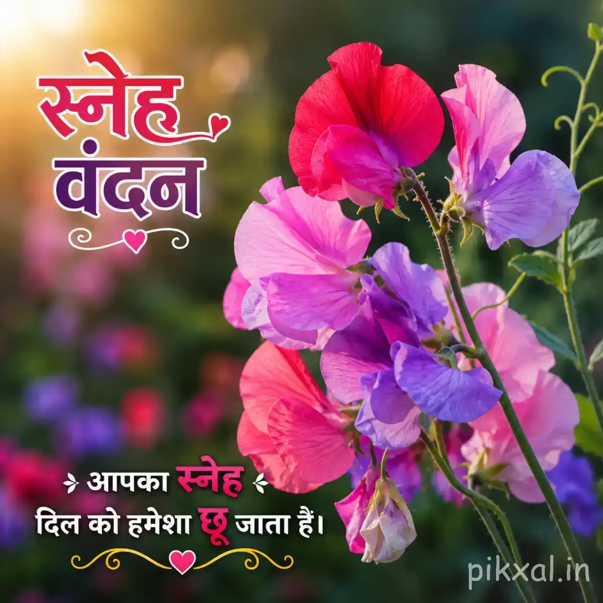 Cluster of pink and purple flowers with green foliage against a blurred background with a Hindi Good Morning message