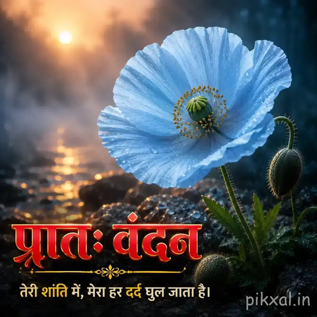 Single pale blue flower with a dark center beside water and unopened buds at sunrise