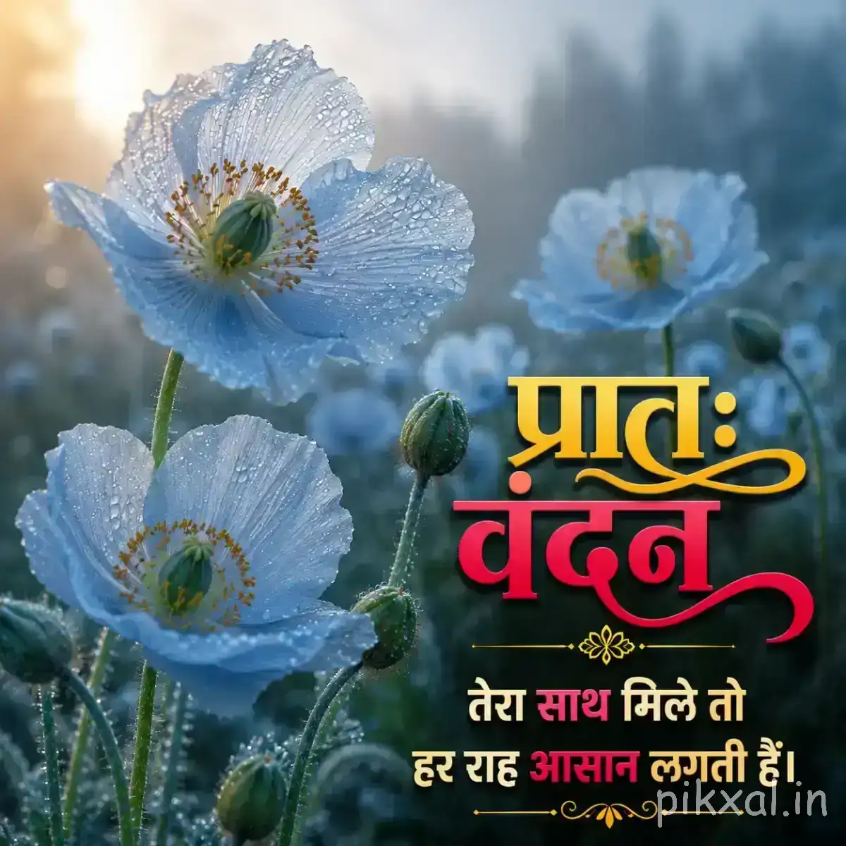 Several pale blue flowers with delicate petals and dark centers against a misty background with a Hindi morning wish