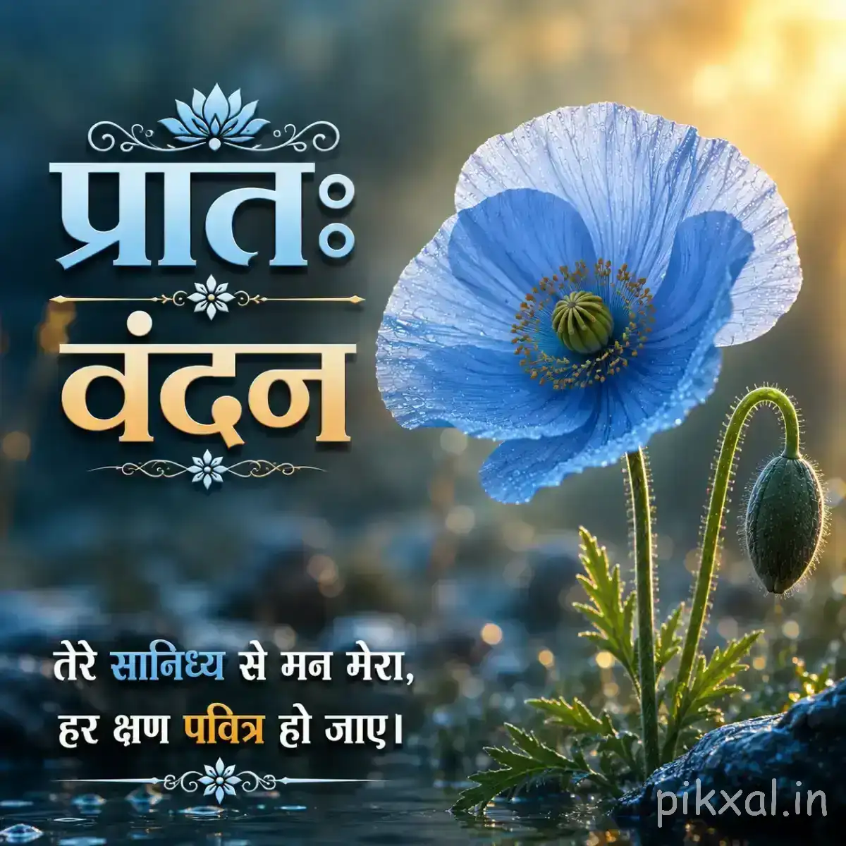 Single pale blue flower with a dark center and unopened buds against soft greenery with a Hindi morning wish