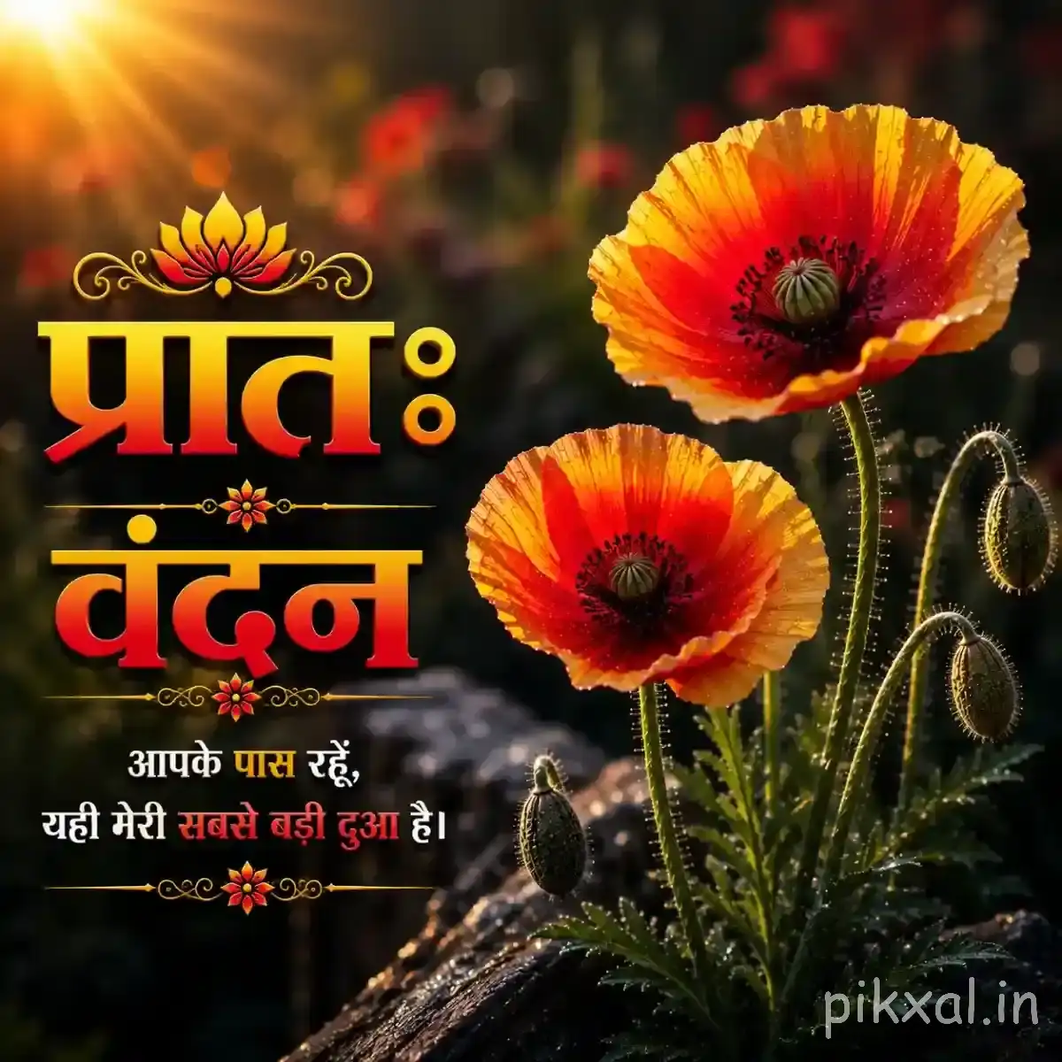 Two orange-red flowers with dark centers and upright stems against a dark leafy background