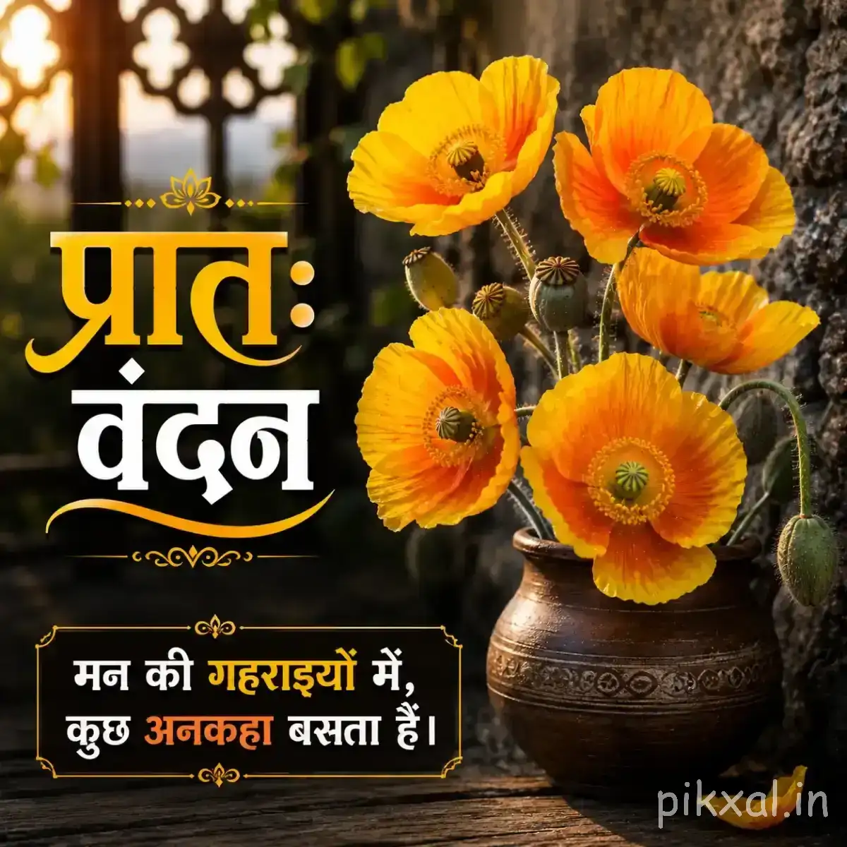 Several orange-yellow flowers arranged in a round vase with a Hindi morning wish