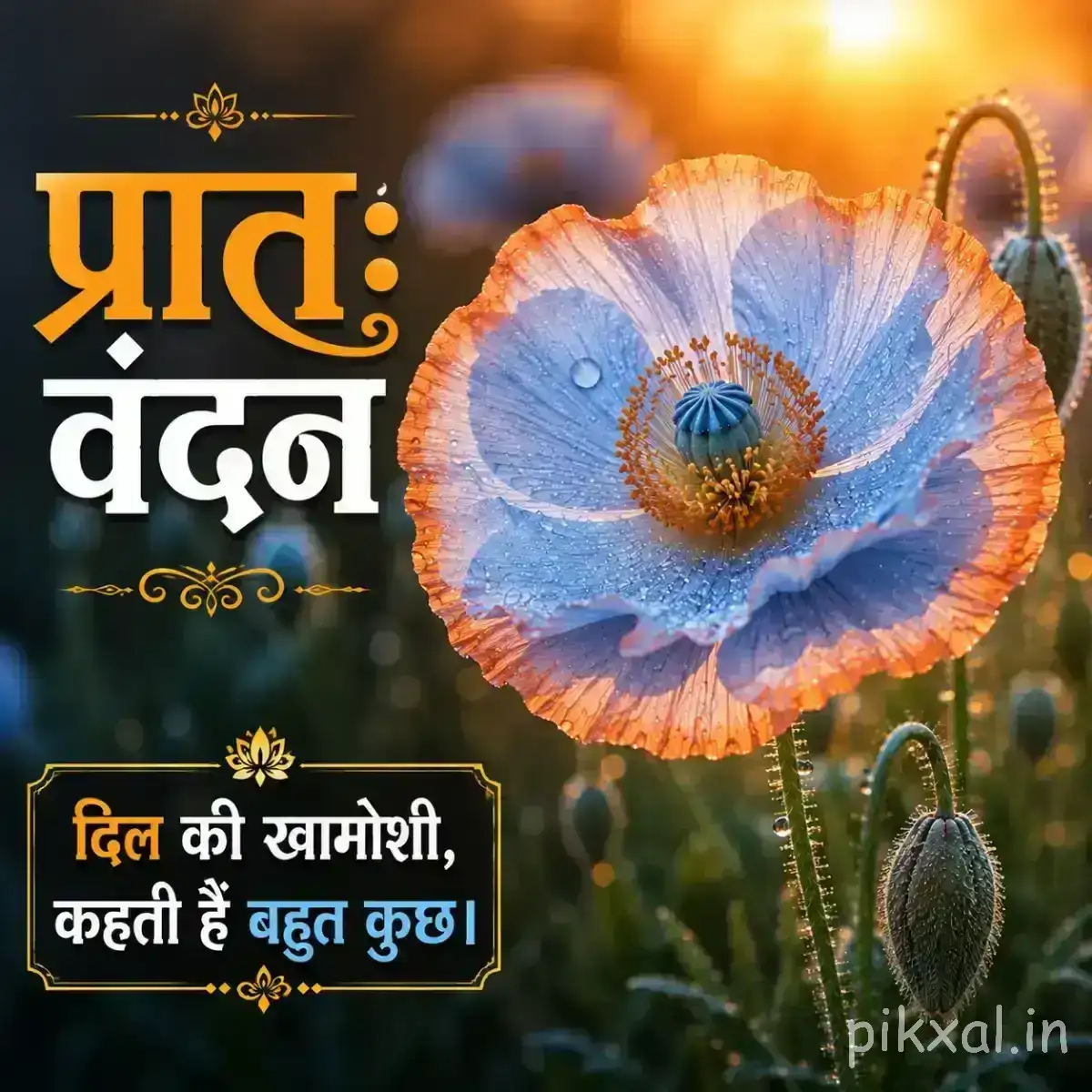 Single pale blue flower with a dark center and unopened bud against a softly blurred background with a Hindi morning wish