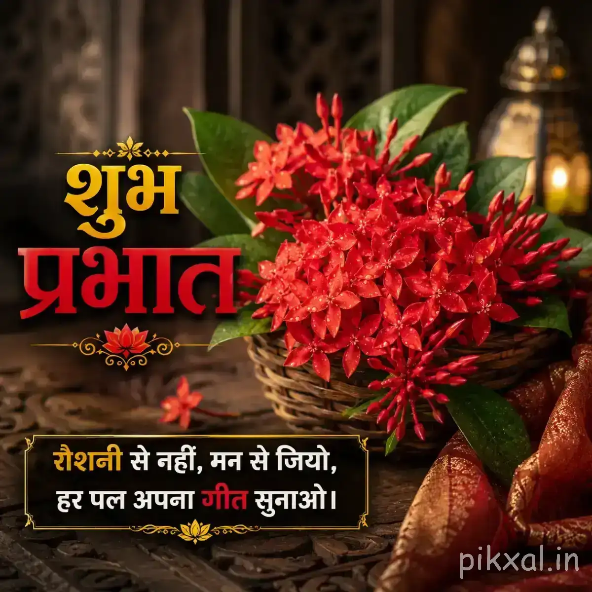 Dense cluster of small red flowers with green leaves in a rustic pot with a Hindi morning wish
