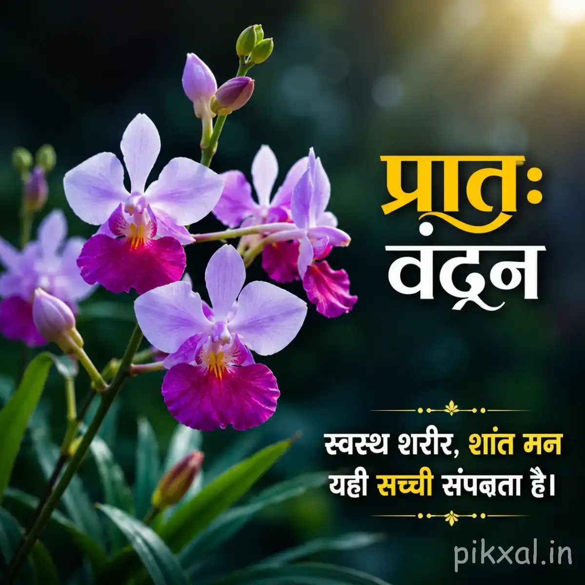 Cluster of purple and pink flowers with green foliage and unopened buds beside a Hindi morning wish