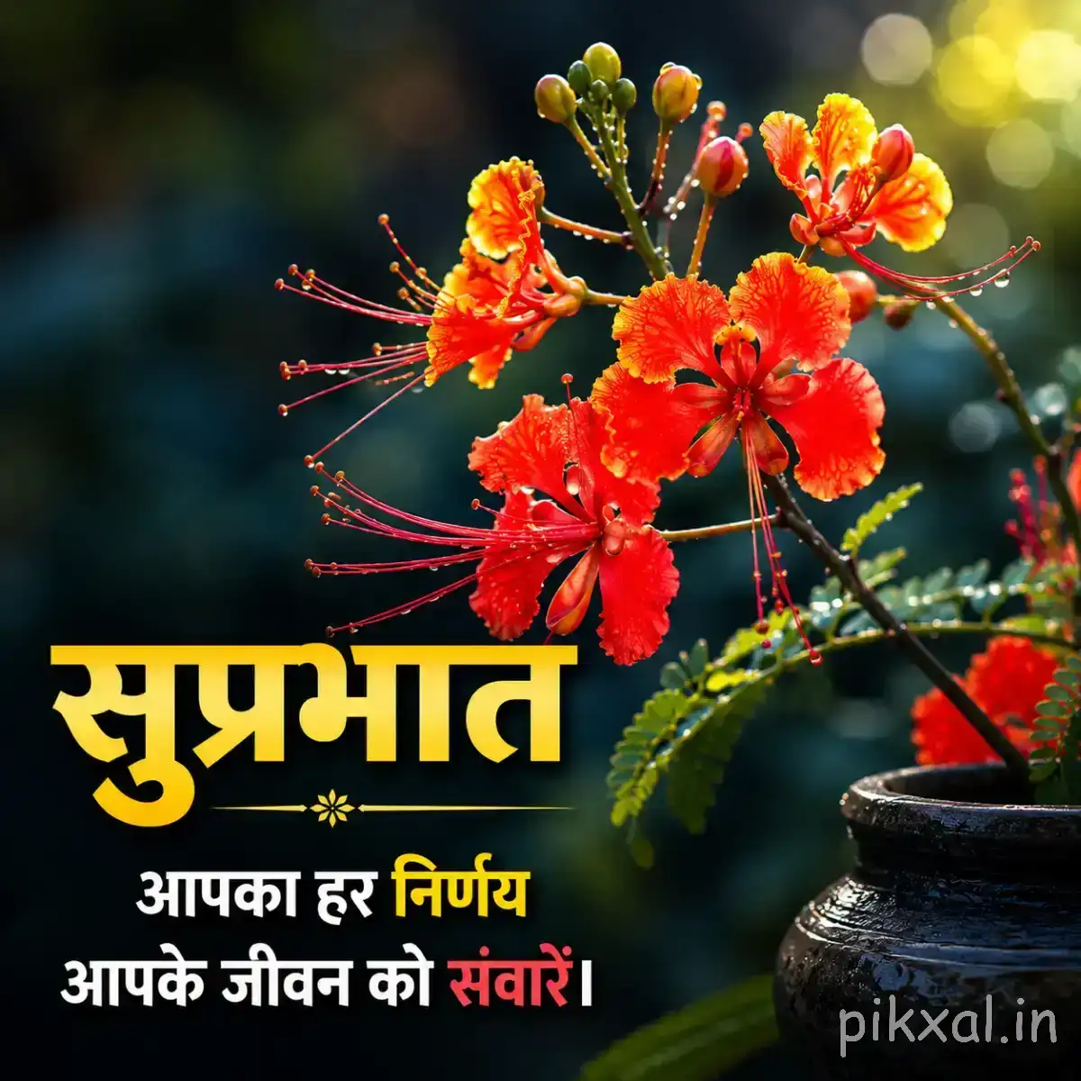 Orange-red flowering branch with long stamens and unopened buds beside a dark pot with a Hindi Good Morning wish