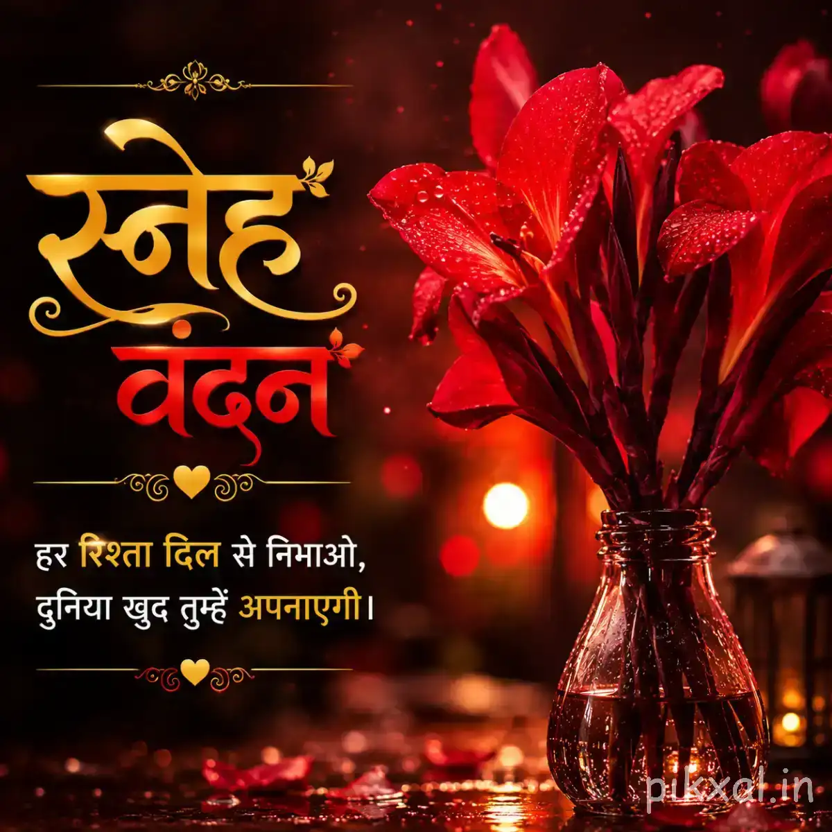 Dark red flowers arranged in a tall glass vase with warm glowing lights and a Hindi morning wish