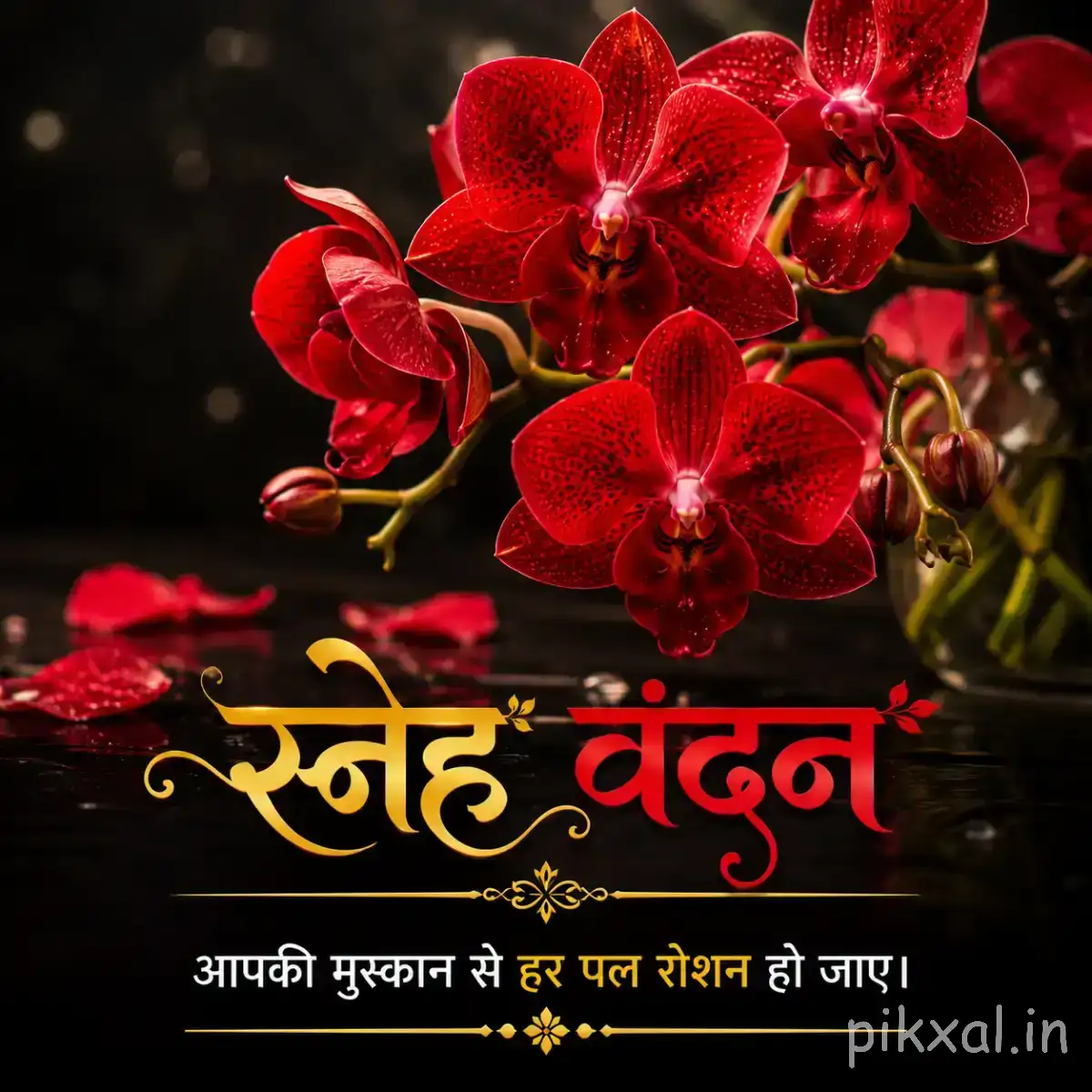 Cluster of dark red flowers with rounded petals arranged against a dark background with a Hindi morning wish