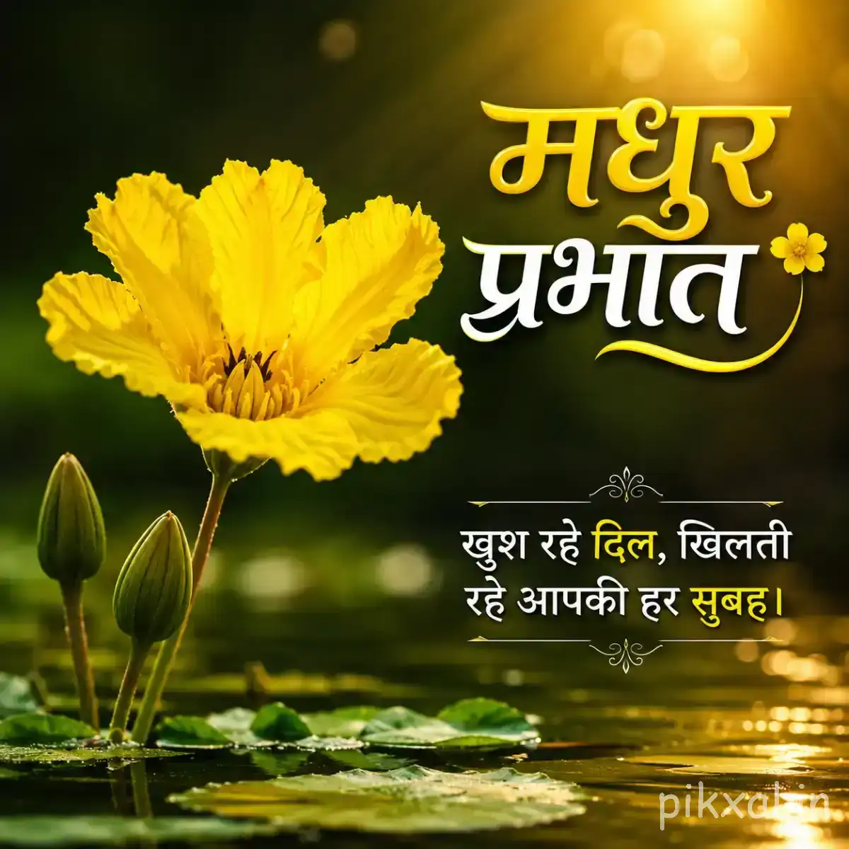 Single yellow flower with ruffled petals beside a calm pond with unopened buds and green foliage