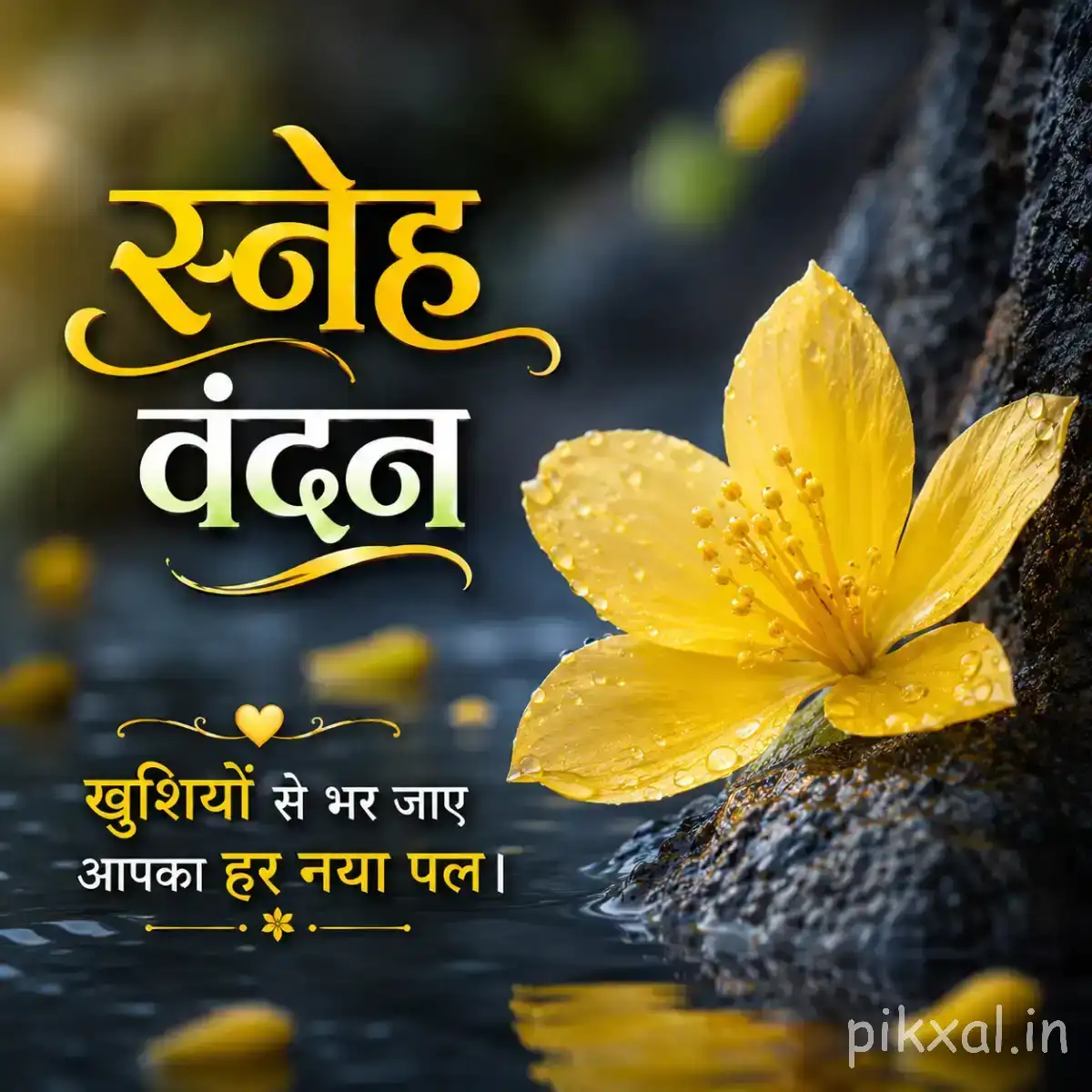 Yellow flower with five rounded petals beside a dark tree trunk and scattered yellow petals, with a Hindi morning wish