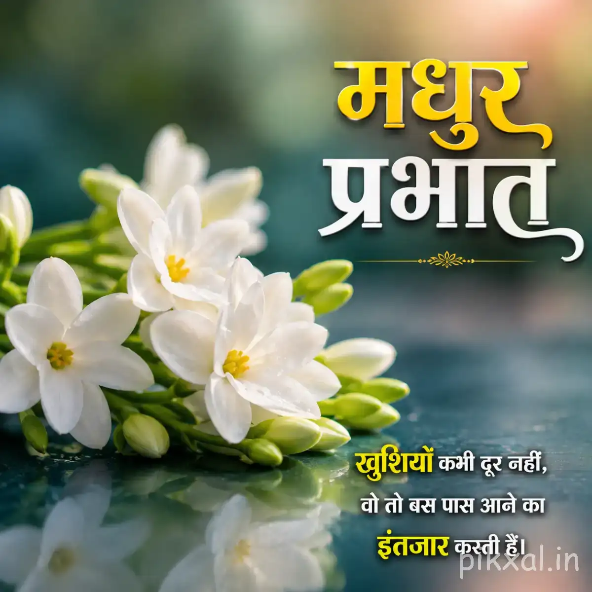 White flowers with rounded petals and yellow centers beside water and green leaves with a Hindi morning message