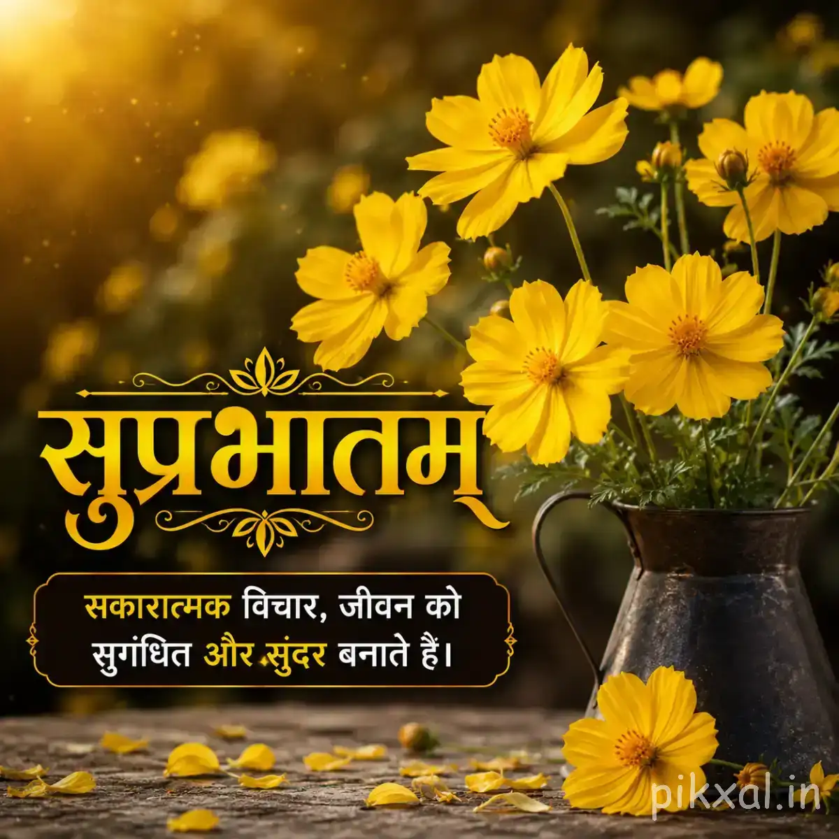 Several small yellow flowers in a vase with fallen petals on a garden surface and a Hindi Good Morning wish