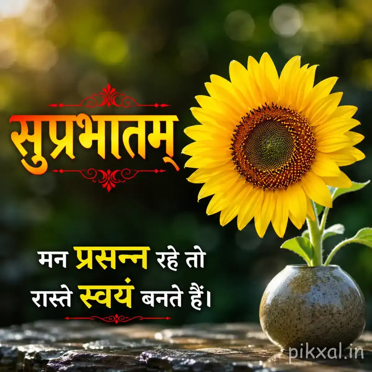 Single large yellow flower with a dark brown center in a glass vase against blurred greenery with a Hindi morning wish