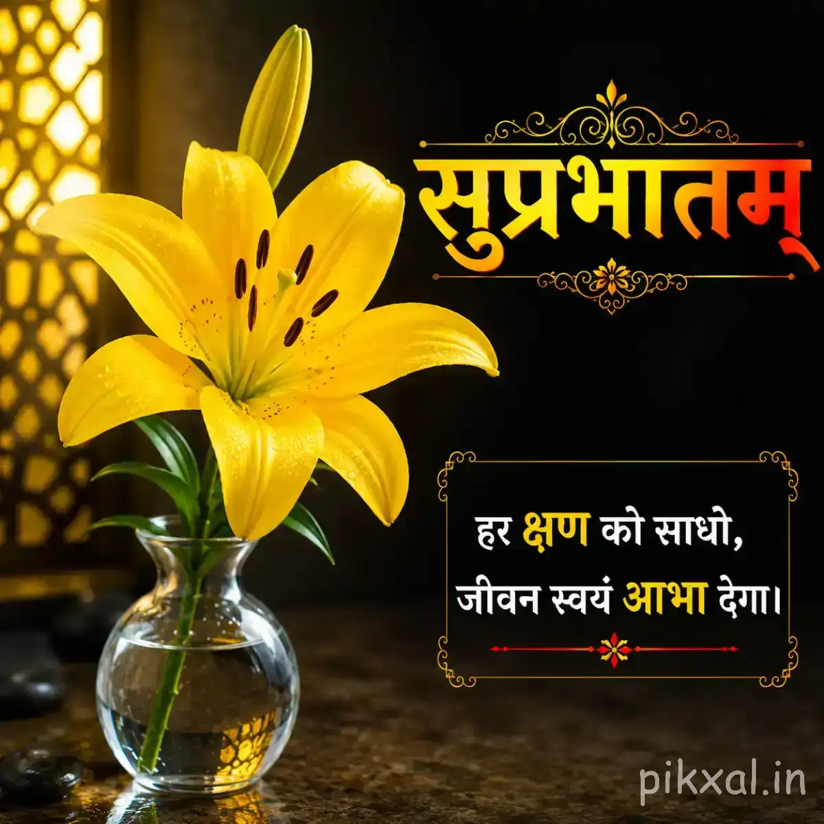 Two yellow trumpet-shaped flowers with long petals and green leaves arranged in a glass vase with a Hindi Good Morning message