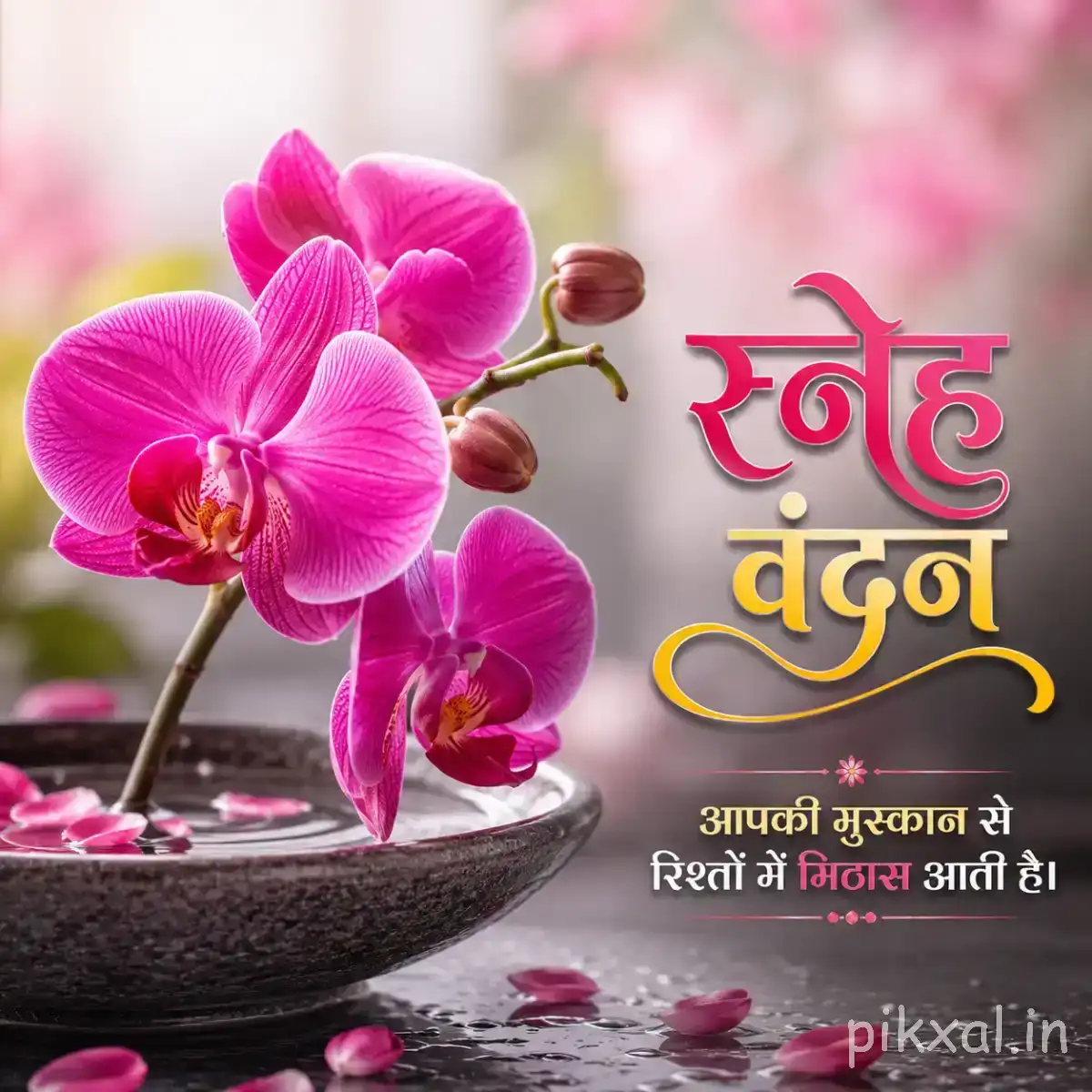 Pink flowers with rounded petals and green stems beside water and scattered petals with a Hindi morning wish