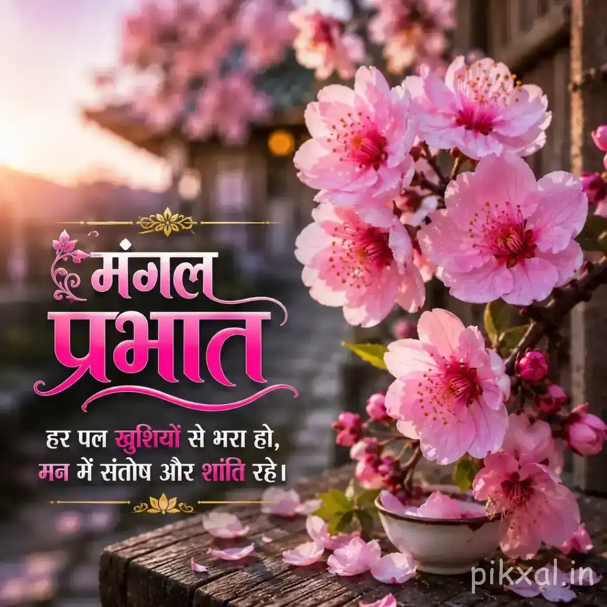 Branch covered with multiple pale pink flowers against warm blurred foliage with a Hindi morning greeting