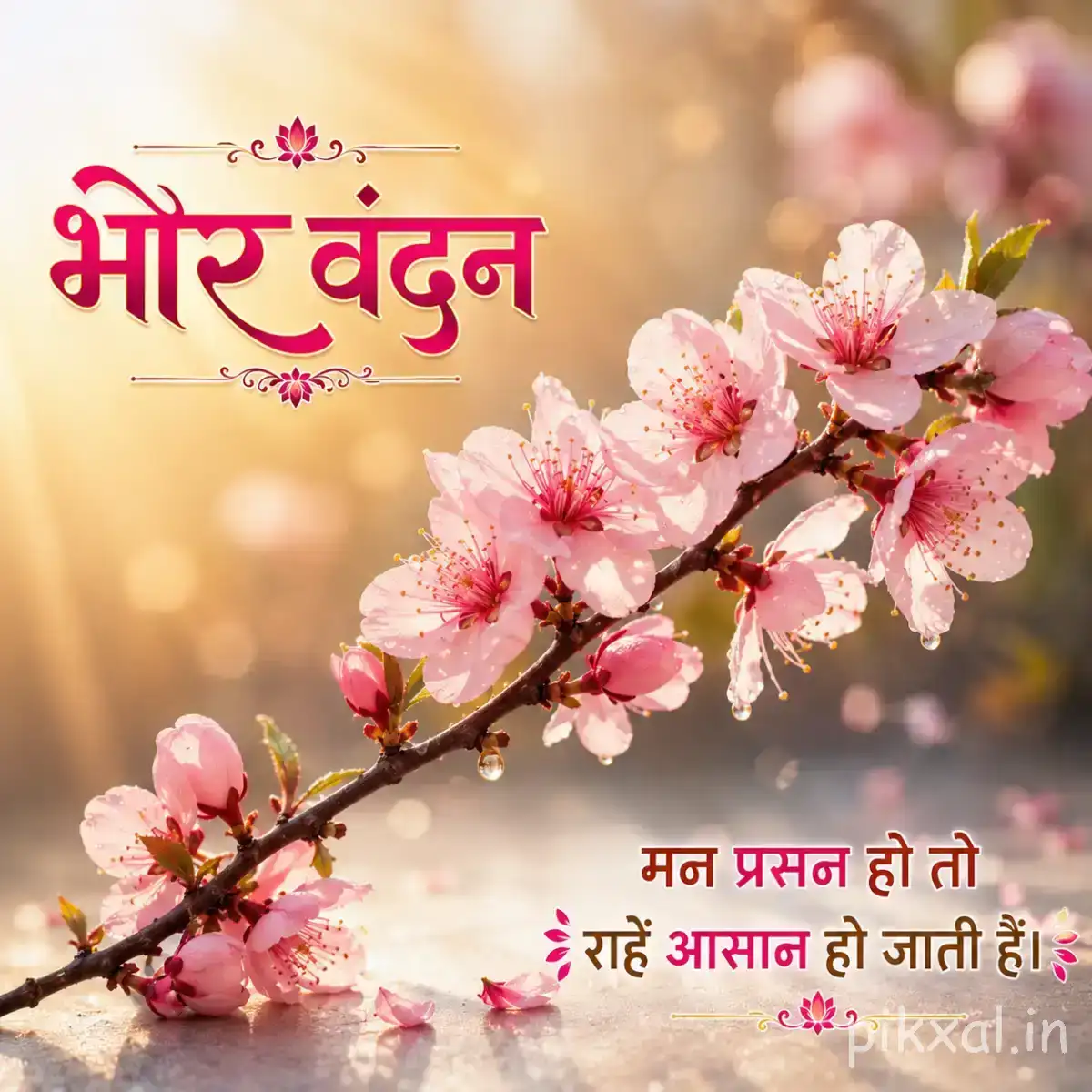 Branch of pale pink flowers with rounded petals against a softly blurred golden background with a Hindi morning wish