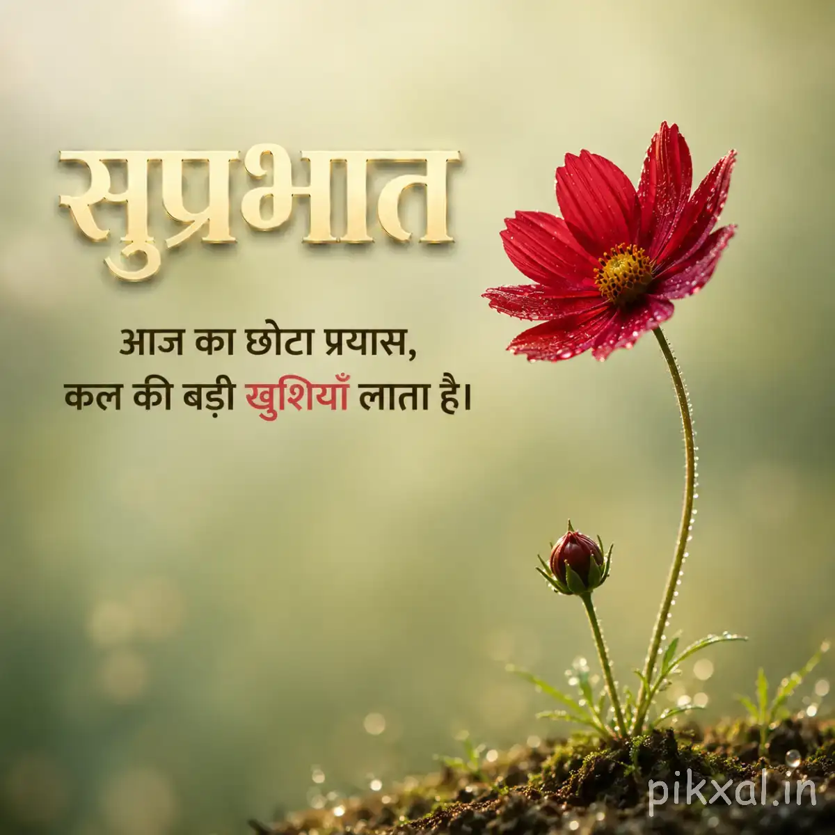 Single red flower on a slender stem with an unopened bud and green foliage against a softly blurred background